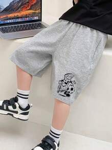 Tween Boy Cartoon Graphic Elastic Waist Shorts - Grey - View 3