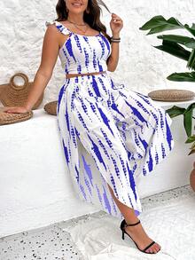 SHEIN Holidaya Plus Tie Dye Top & Split Thigh Wide Leg Trousers - Royal Blue - View 3