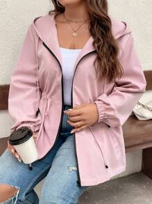 EMERY ROSE Plus Allover Print Drawstring Waist Hooded Jacket For Autumn & Winter - Pink - View 4