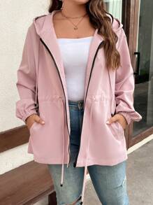 EMERY ROSE Plus Allover Print Drawstring Waist Hooded Jacket For Autumn & Winter - Pink - View 6