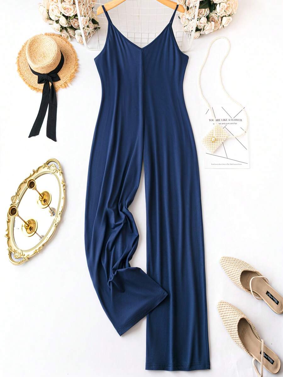 SHEIN LUNE 大碼素色吊帶連體褲 - 藏蓝色 - 查看 1