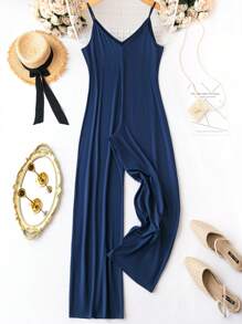 SHEIN LUNE 大碼素色吊帶連體褲 - 藏蓝色 - 查看 2