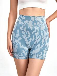 SHEIN Sports カモフラージュ柄 ワイドバンド ウエスト スポーツショーツ、ブルー、レディース スウェット、ジム、バイカーショーツ - ダスティブルー - チェックする 5