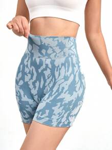 SHEIN Sports カモフラージュ柄 ワイドバンド ウエスト スポーツショーツ、ブルー、レディース スウェット、ジム、バイカーショーツ - ダスティブルー - チェックする 6
