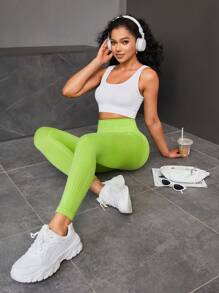 SHEIN Yoga Basic Solid Wideband Waist Sports Leggings - Green - View 6
