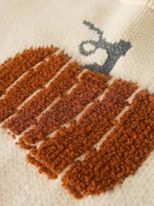 Young Girl Pumpkin Pattern Sweater - Beige - View 6