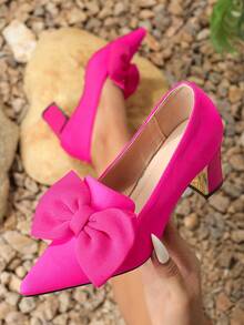 Women's High Heel Pump Shoe With Bowknot Decor And Pointed Toe - Hot Pink - View 4