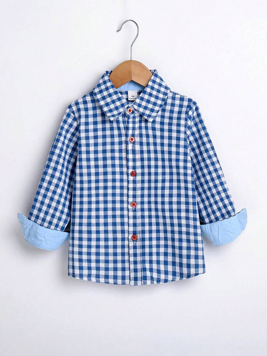 Chico joven Camisa con estampado de guingán con botón delantero - Azul y blanco - Ver 1