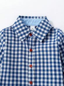 Chico joven Camisa con estampado de guingán con botón delantero - Azul y blanco - Ver 4