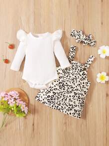 Baby Girl Ruffle Trim Bodysuit & Leopard Print Overall Dress & Headband - Multicolor - View 1