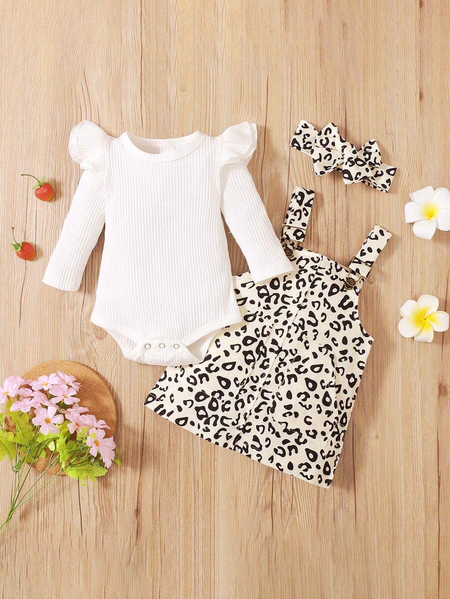 Baby Girl Ruffle Trim Bodysuit & Leopard Print Overall Dress & Headband - Multicolor - View 1