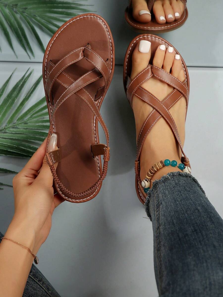 europeo y americano estilo Talla grande plano de dedo de mujeres Sandalias & Chanclas para verano - Marrón - Ver 1