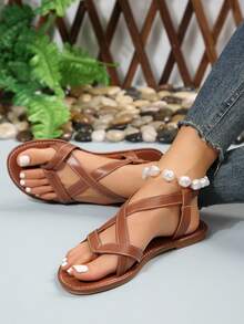 europeo y americano estilo Talla grande plano de dedo de mujeres Sandalias & Chanclas para verano - Marrón - Ver 2