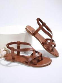 europeo y americano estilo Talla grande plano de dedo de mujeres Sandalias & Chanclas para verano - Marrón - Ver 3