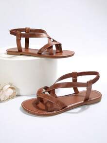 europeo y americano estilo Talla grande plano de dedo de mujeres Sandalias & Chanclas para verano - Marrón - Ver 6