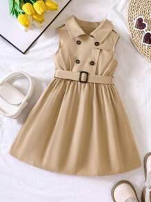 SHEIN Young Girl Summer Khaki Sleeveless Belted Trench Dress - Khaki - View 1