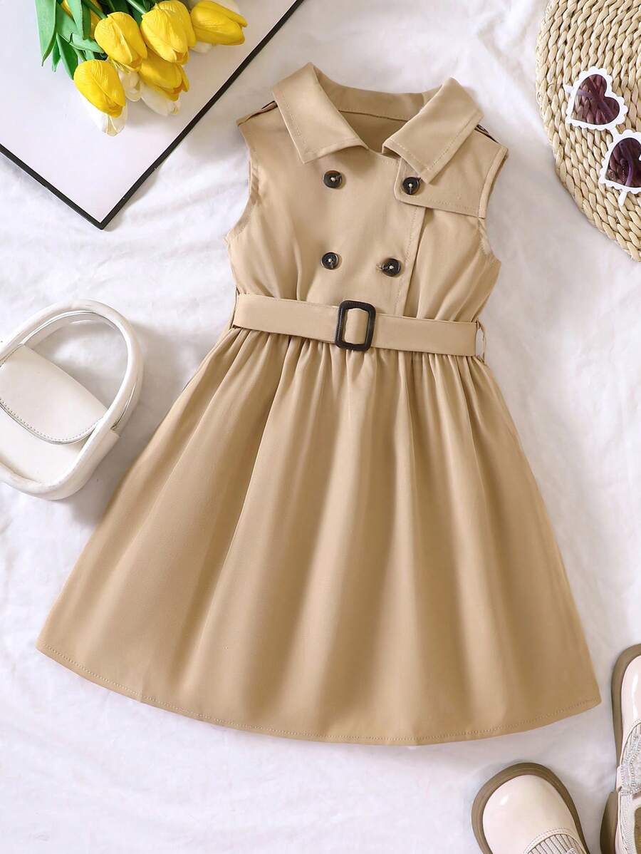 SHEIN Young Girl Summer Khaki Sleeveless Belted Trench Dress - Khaki - View 1