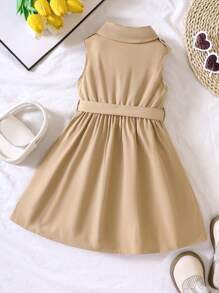SHEIN Young Girl Summer Khaki Sleeveless Belted Trench Dress - Khaki - View 2