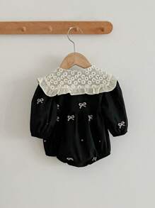 寶寶女孩新款刺繡長袖蝴蝶領連體衣，適用於春秋季節