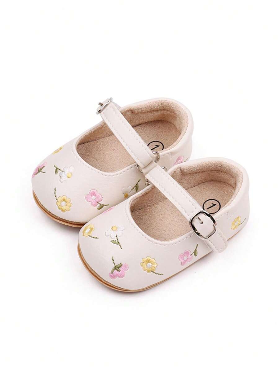 Infant Girls Flower Embroidered Buckle Decor Hook-And-Loop Fastener Mary Jane Shoes For Outdoor - Beige - View 1