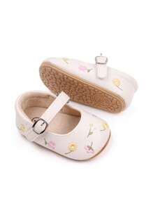 Infant Girls Flower Embroidered Buckle Decor Hook-And-Loop Fastener Mary Jane Shoes For Outdoor - Beige - View 3