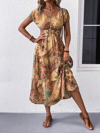 Paisley Print Batwing Sleeve Ruffle Hem Dress