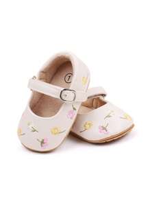 Infant Girls Flower Embroidered Buckle Decor Hook-And-Loop Fastener Mary Jane Shoes For Outdoor - Beige - View 4