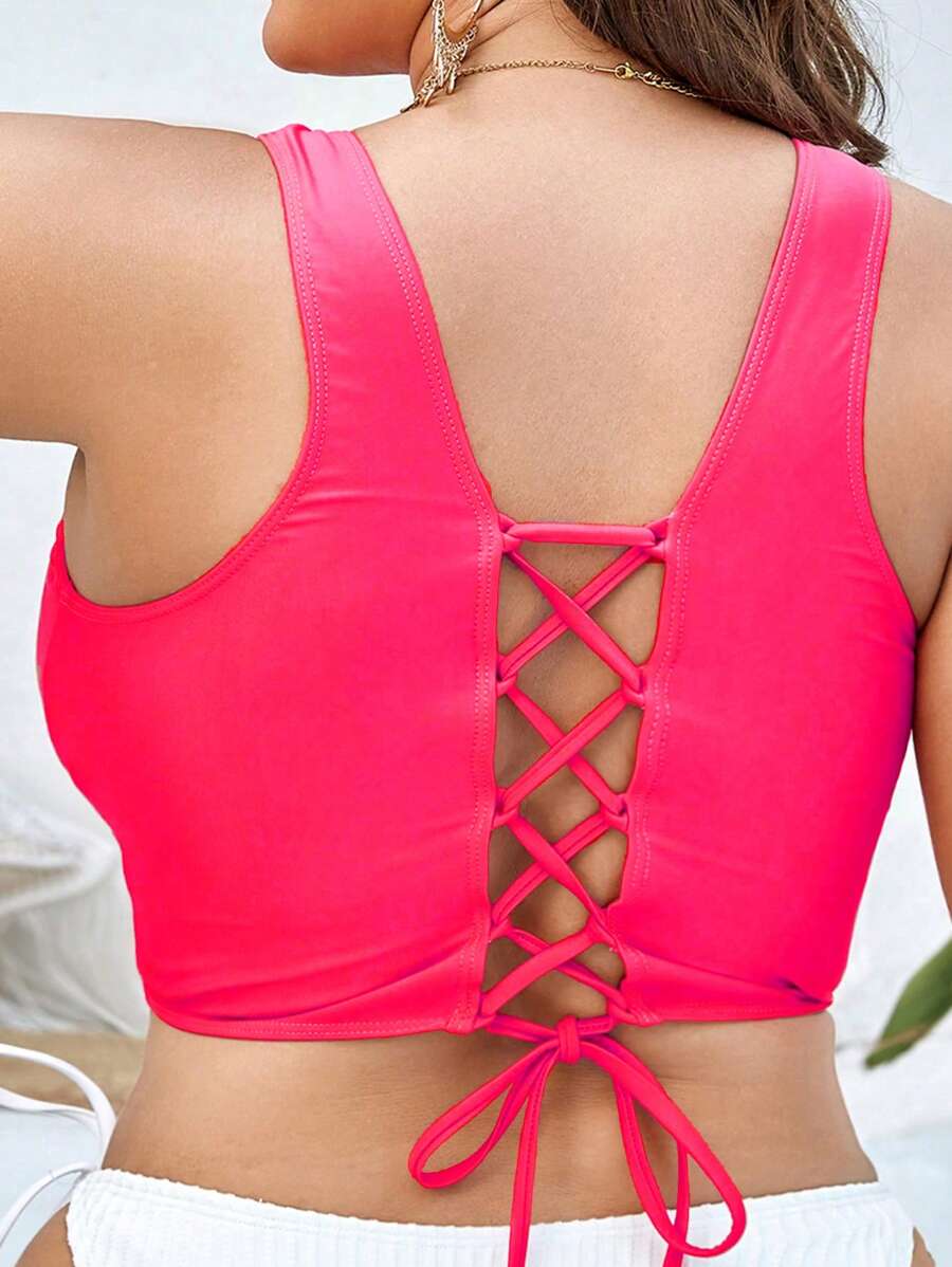 SHEIN Swim Curve Top de bikini en talla grande de cuello en V de color sólido, para vacaciones de verano en la playa - Rosa coral - Ver 1