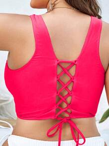 SHEIN Swim Curve Top de bikini en talla grande de cuello en V de color sólido, para vacaciones de verano en la playa - Rosa coral - Ver 2