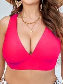 SHEIN Swim Curve Top de bikini en talla grande de cuello en V de color sólido, para vacaciones de verano en la playa - Rosa coral - Ver 5