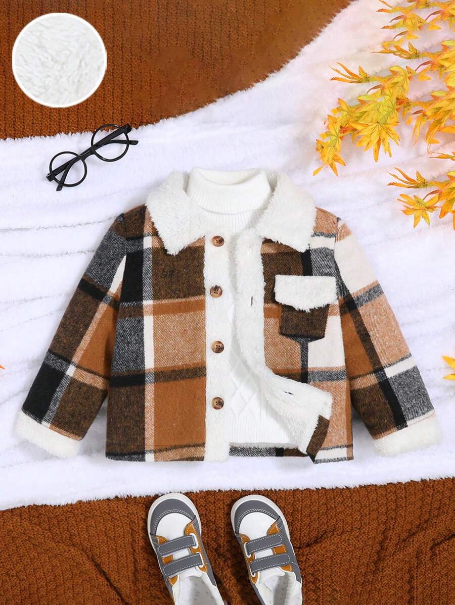 SHEIN Baby Boy College Style Plaid Patchwork Thermal Lined Jacket - Multicolor - View 1