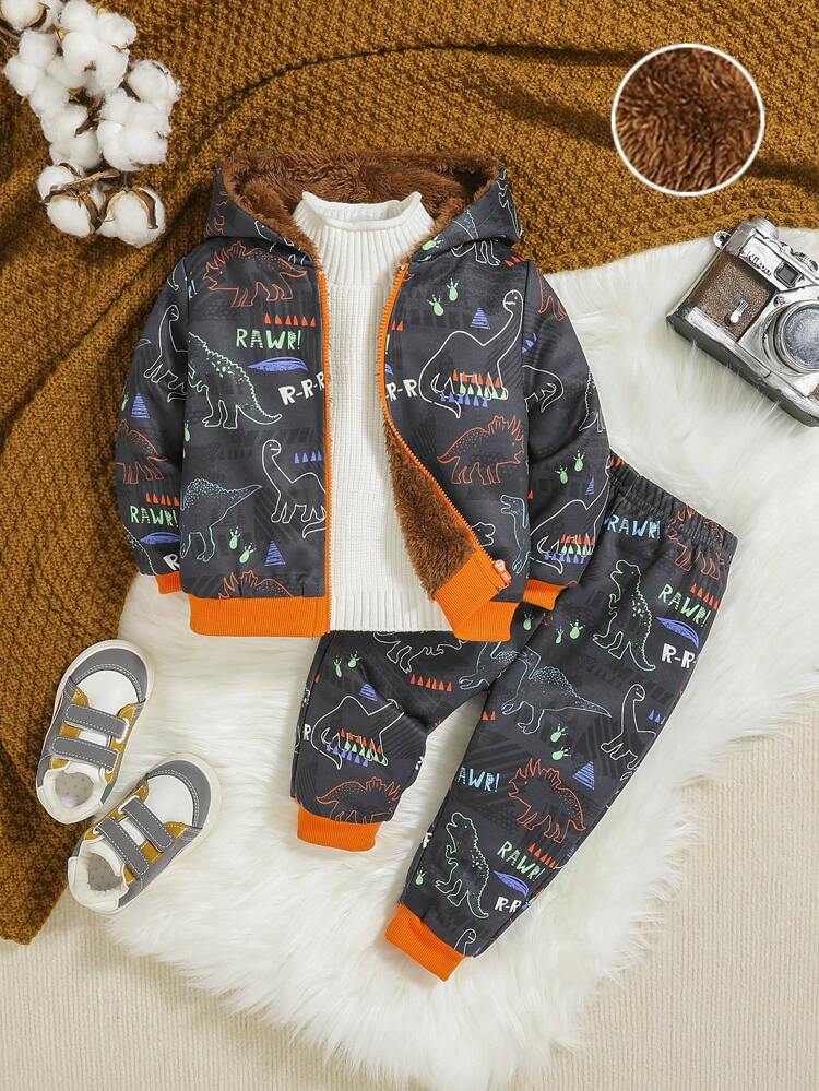 Baby Boy Dinosaur Print Zip Up Hooded Thermal Jacket & Sweatpants