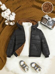 SHEIN Baby Boy Zip Up Hooded Teddy Lined Jacket Without Sweater - Black - View 1