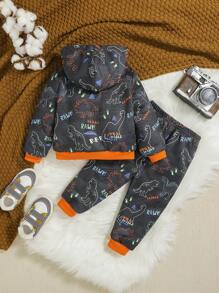 SHEIN Bébé Garçon Veste Imprimé Dinosaure Zippé À Capuche Thermique & Pantalon De Survêtement - Multicolore - Voir 2