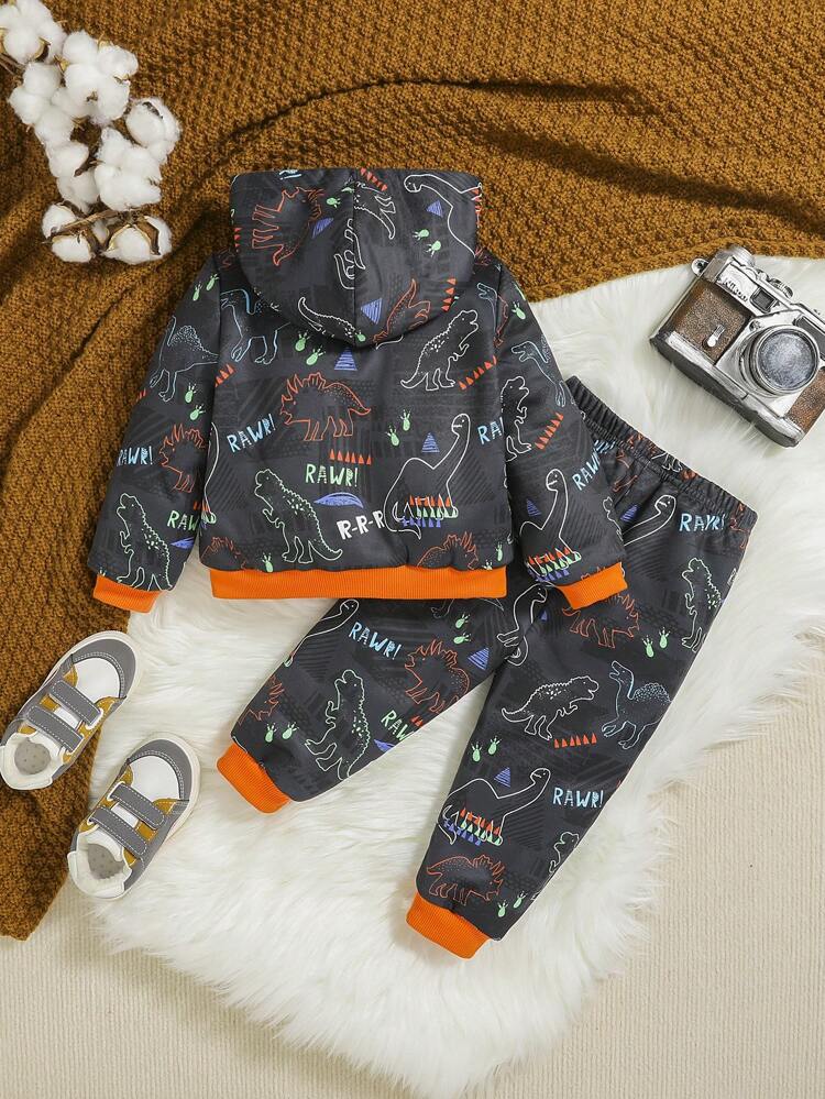Baby Boy Dinosaur Print Zip Up Hooded Thermal Jacket & Sweatpants