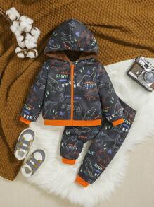 SHEIN Bébé Garçon Veste Imprimé Dinosaure Zippé À Capuche Thermique & Pantalon De Survêtement - Multicolore - Voir 3