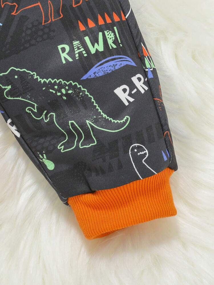 Baby Boy Dinosaur Print Zip Up Hooded Thermal Jacket & Sweatpants