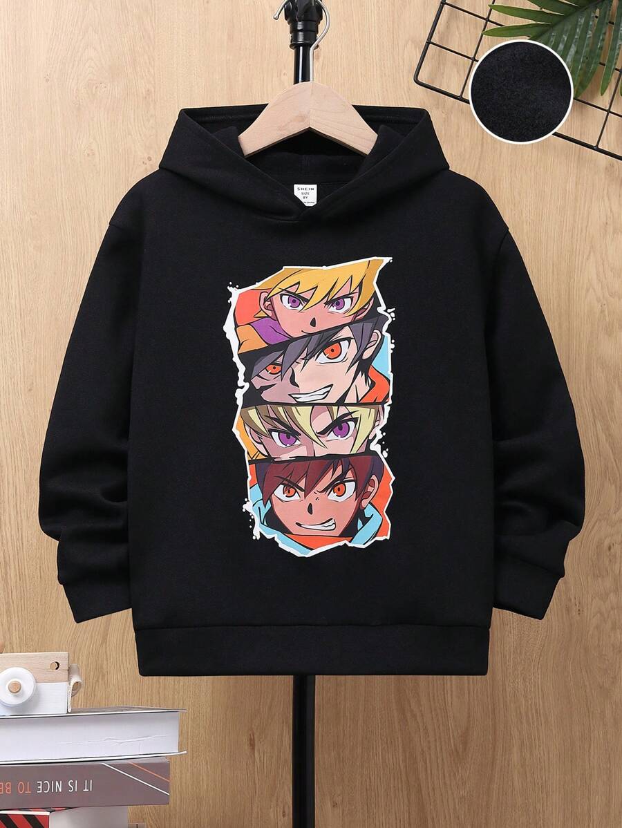 SHEIN 青少年男孩图案保暖内衬卫衣 - 黑色 - 查看 1