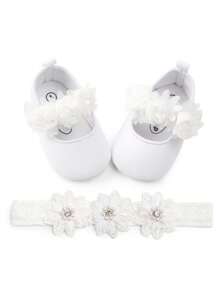 1 双女婴花卉凉鞋（配发带）、软底步行鞋 - 白色 - 查看 1