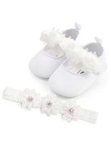 1 双女婴花卉凉鞋（配发带）、软底步行鞋 - 白色 - 查看 4