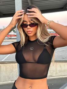 SHEIN ICON 黑色網眼透視式短上衣,不含內衣 - 黑色 - 查看 4