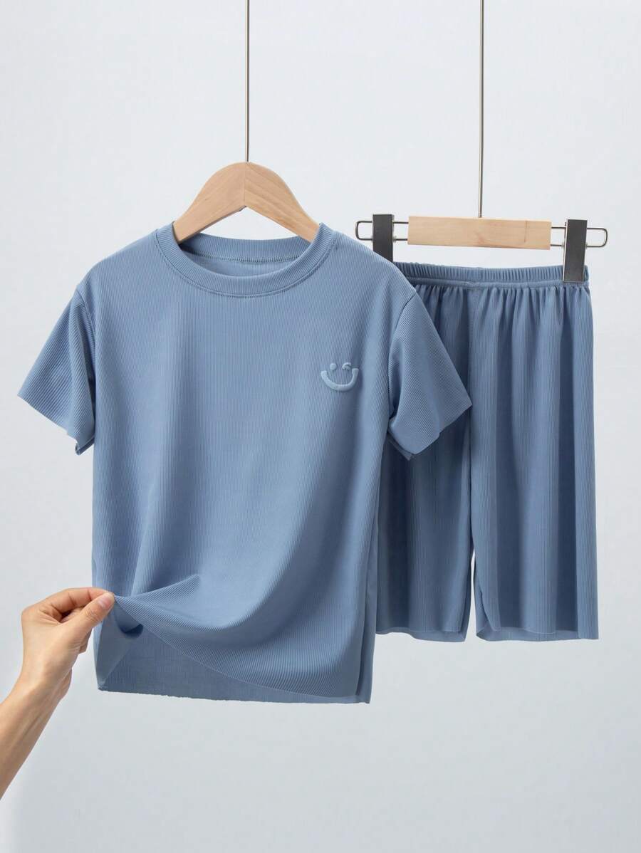 2pcs Young Boy Short Sleeve T-Shirt Top And Shorts Pants Set, Lightweight Casual Everyday Outfits, Fit For Ages 4-12