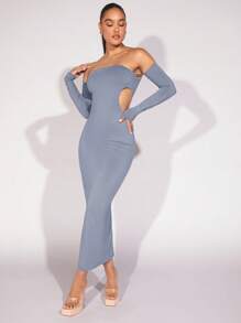 SHEIN BAE 開肩露肩中空腰身緊身連衣裙 - 霧霾藍 - 查看 6