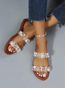 Ladies' Flat Sandals With Clear Strap And Faux Pearl Decor - White - View 1