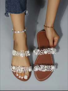 Ladies' Flat Sandals With Clear Strap And Faux Pearl Decor - White - View 3