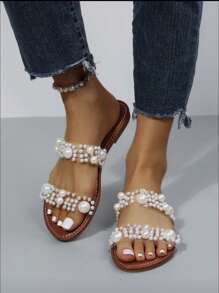 Ladies' Flat Sandals With Clear Strap And Faux Pearl Decor - White - View 5