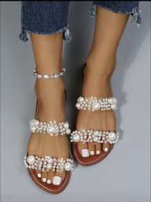 Ladies' Flat Sandals With Clear Strap And Faux Pearl Decor - White - View 6