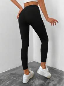 EURMUSE Nine-Quarter Length High-Waisted Solid Color Casual Leggings - Black - View 2