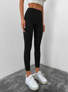 EURMUSE Nine-Quarter Length High-Waisted Solid Color Casual Leggings - Black - View 3