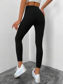 EURMUSE Nine-Quarter Length High-Waisted Solid Color Casual Leggings - Black - View 4